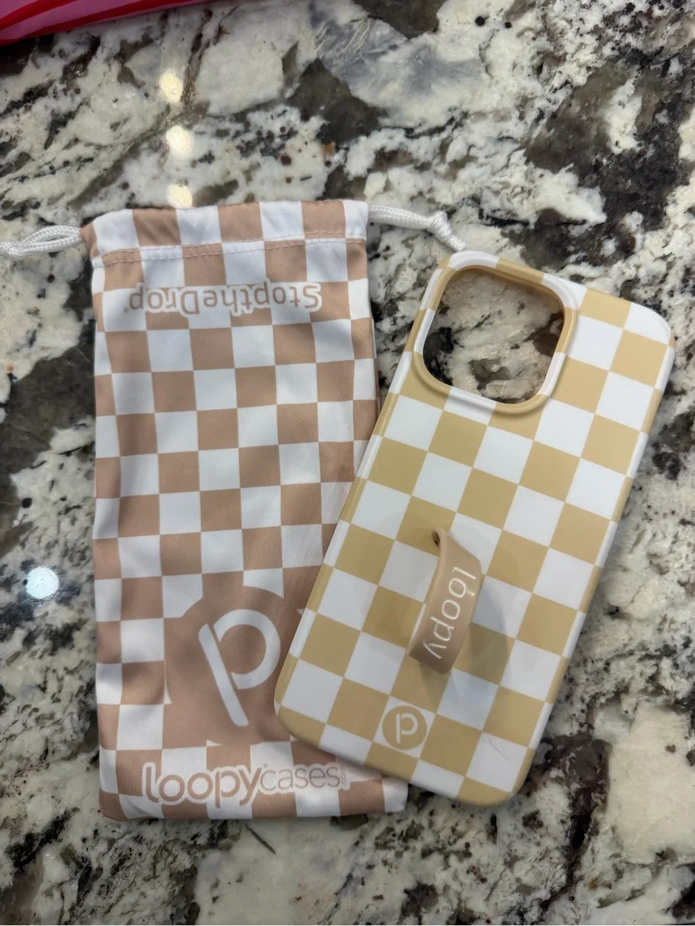 Loopy Case Beige and White Checkerboard iPhone Case with Loop Grip